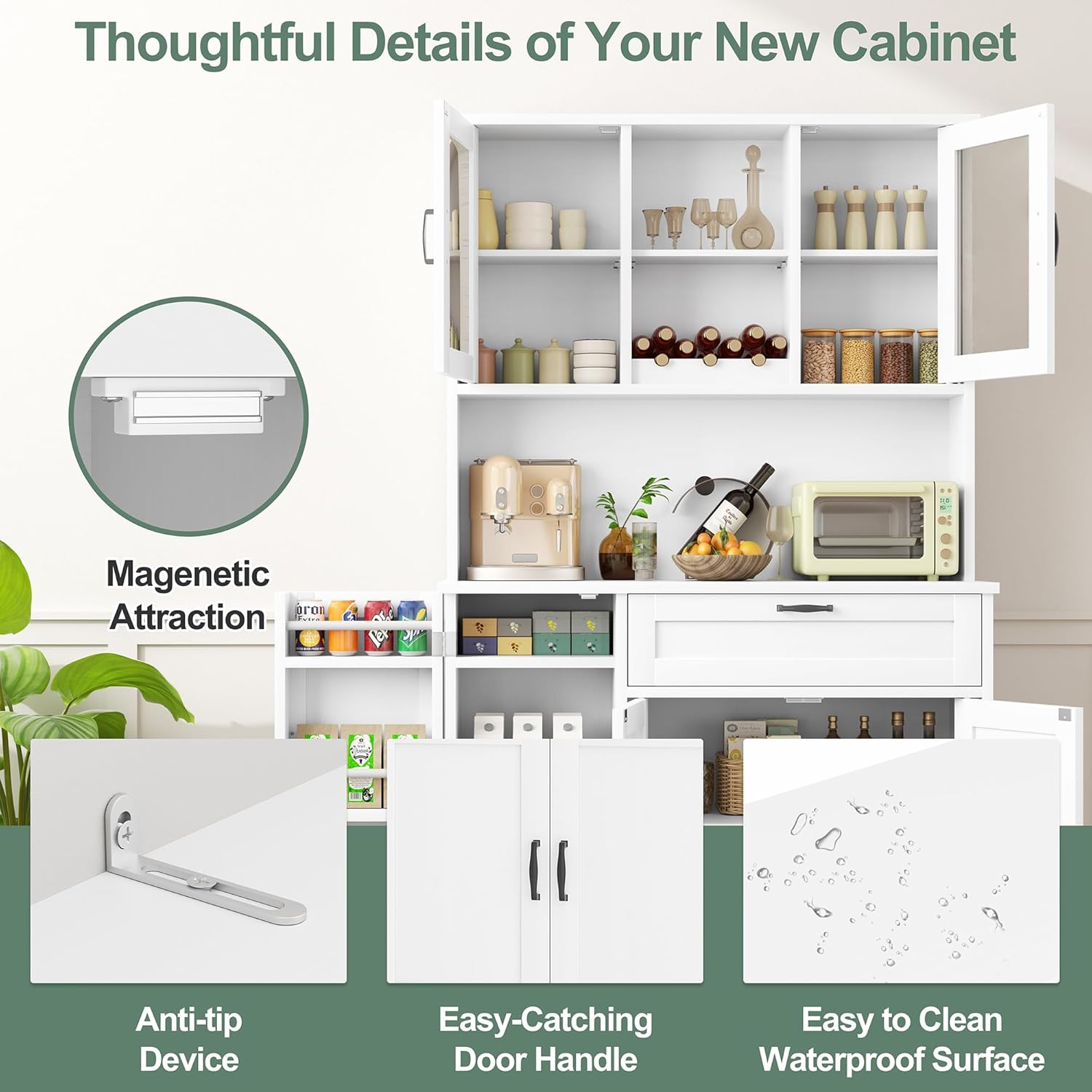 Buffet Pantry Storage Cabinet – White 4-Door Freestanding Cabinet with Microwave Stand, Wine Rack & Adjustable Hutch