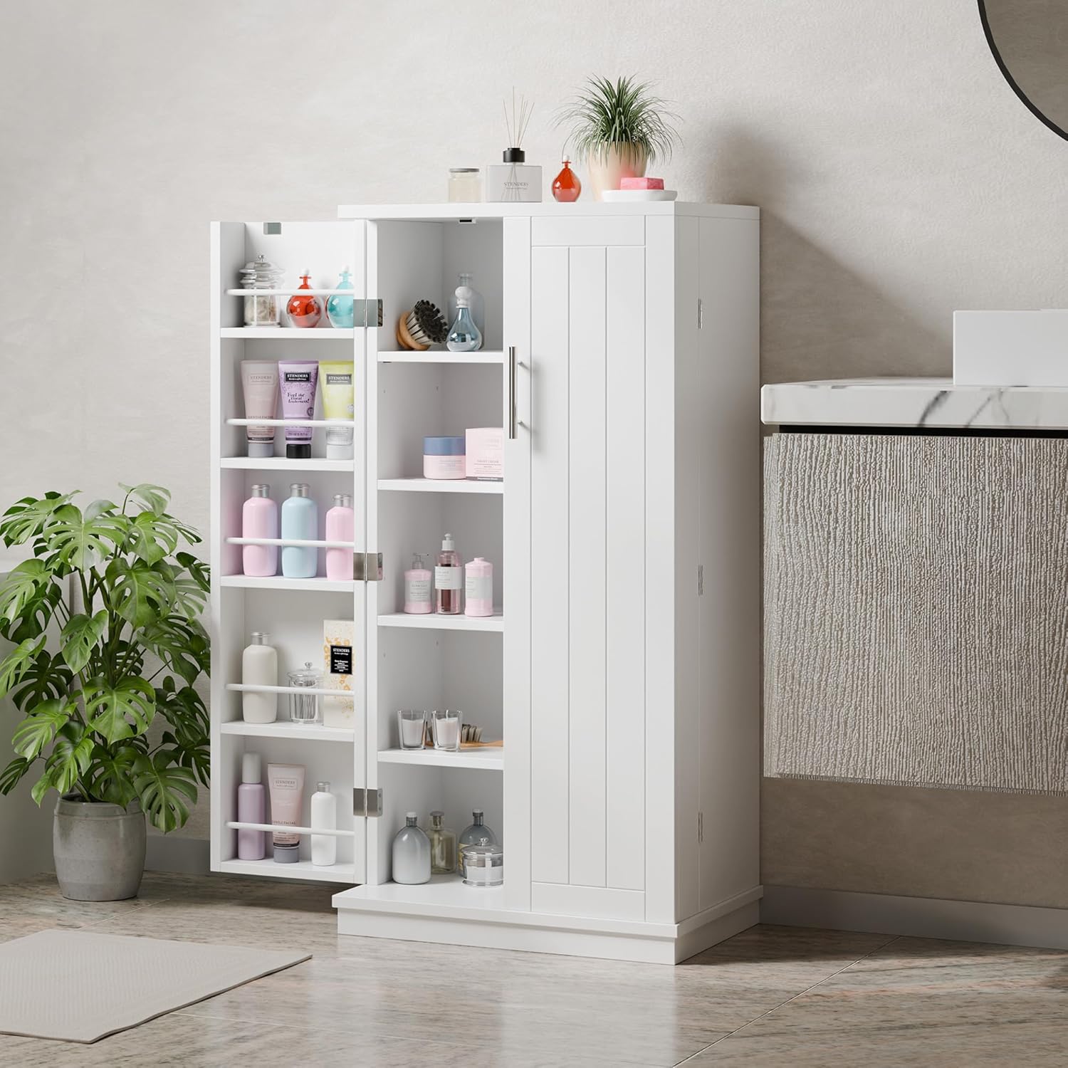 47" Kitchen Pantry Cabinet – White 5-Layer Storage Cupboard with Adjustable Shelves for Food, Bathroom or Laundry