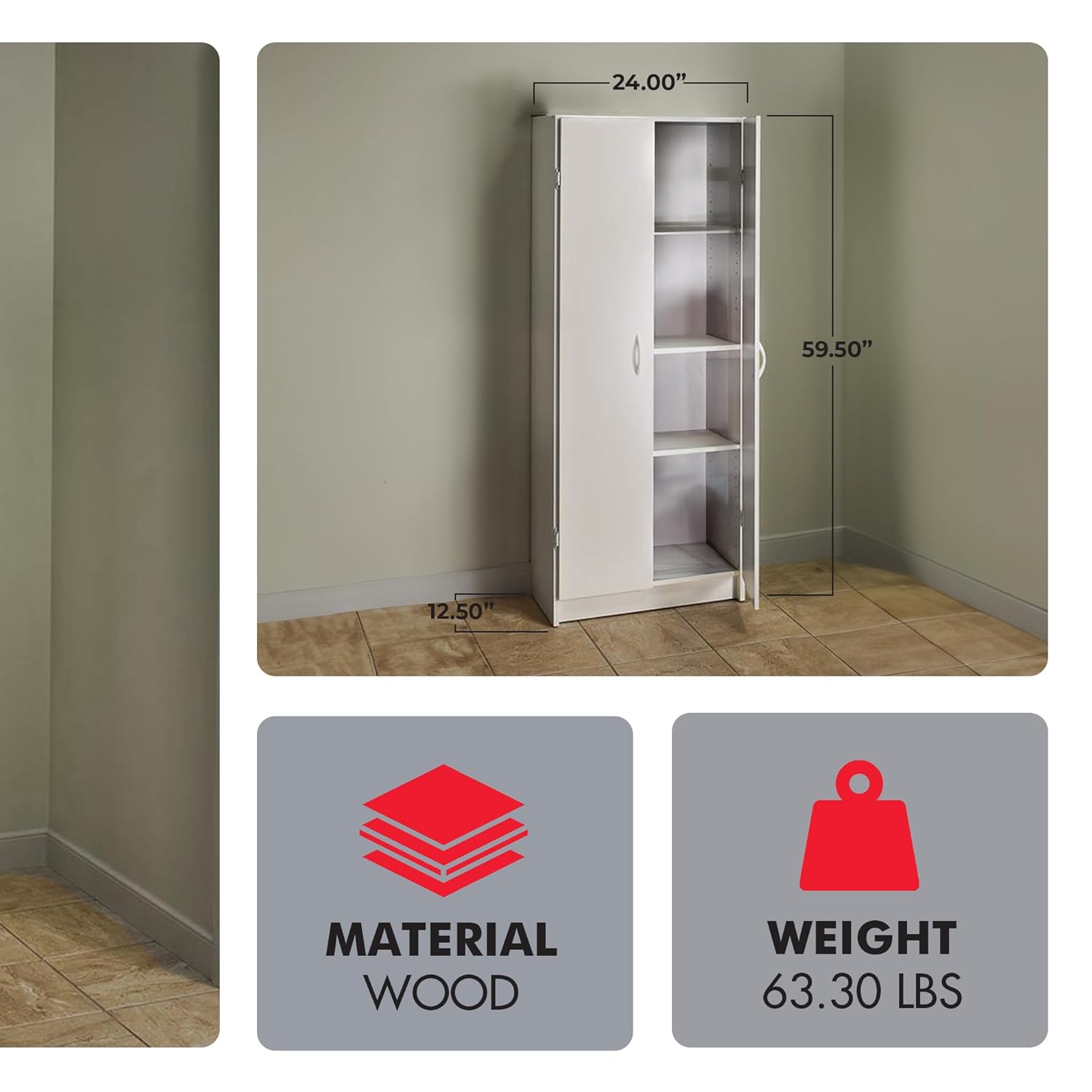 White Pantry Storage Cabinet – Freestanding Cupboard with 2 Doors & Adjustable Shelves for Kitchen, Laundry or Utility