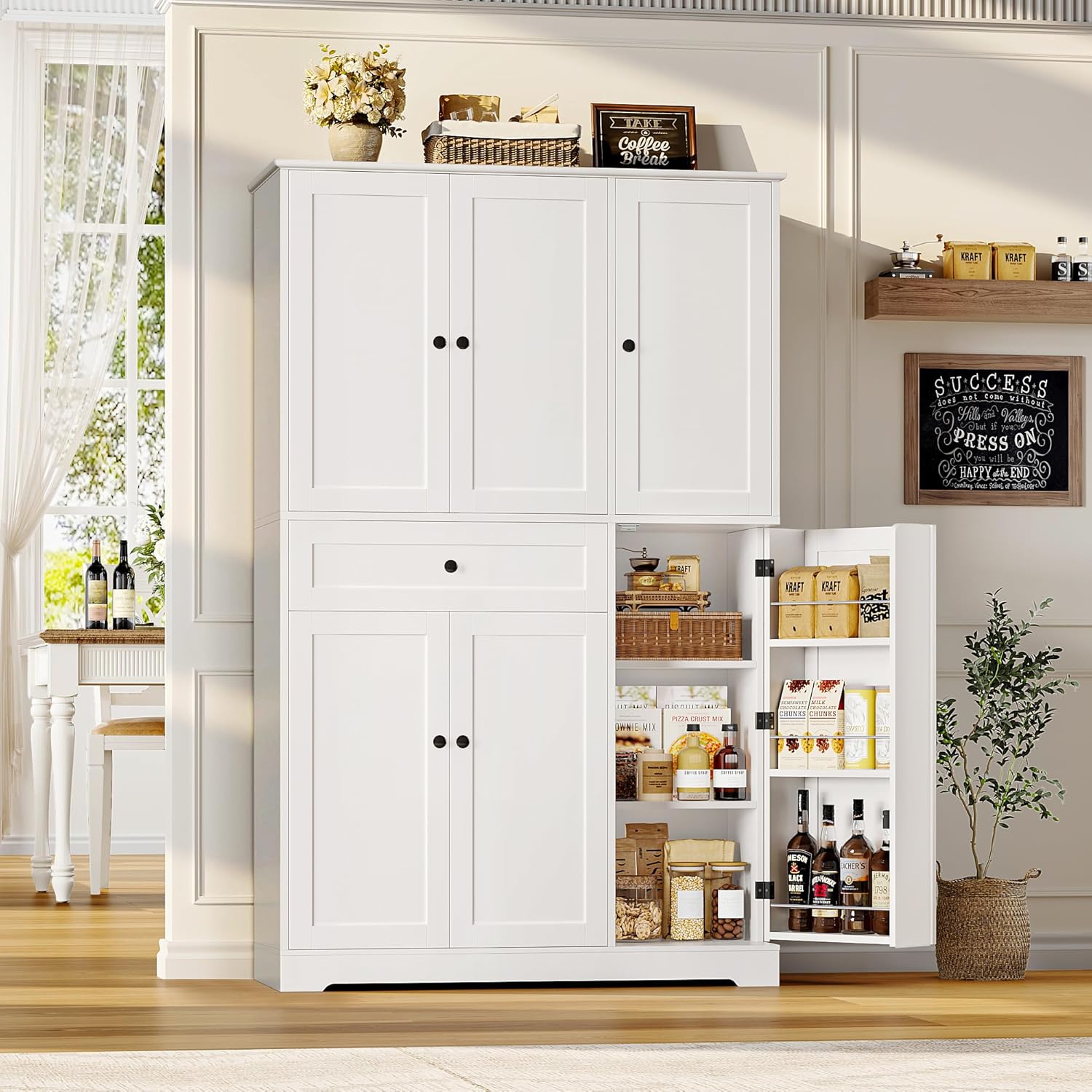 68" Tall Kitchen Pantry Cabinet – Freestanding White Hutch with Doors, Adjustable Shelves & Drawer for Dining Room