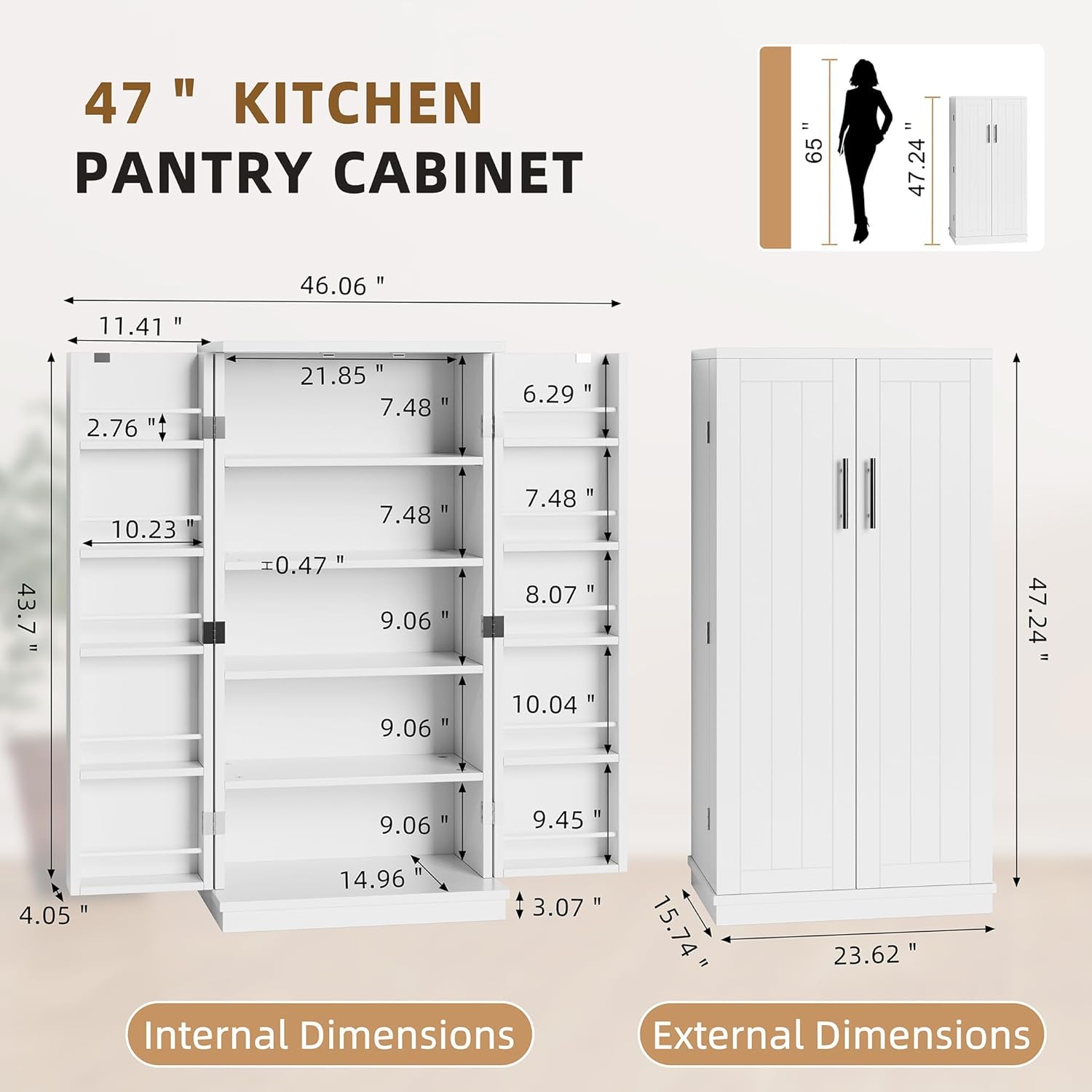47" Kitchen Pantry Cabinet – White 5-Layer Storage Cupboard with Adjustable Shelves for Food, Bathroom or Laundry