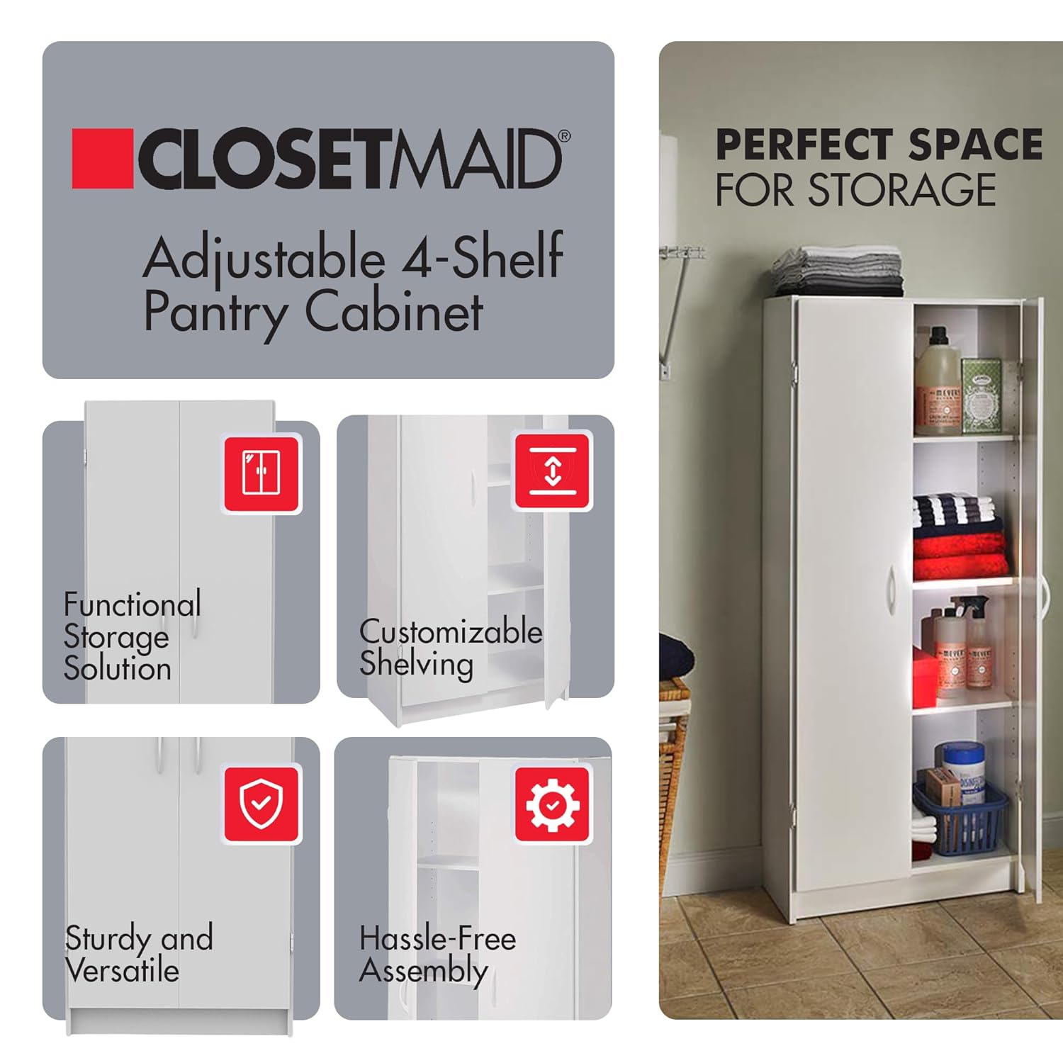 White Pantry Storage Cabinet – Freestanding Cupboard with 2 Doors & Adjustable Shelves for Kitchen, Laundry or Utility