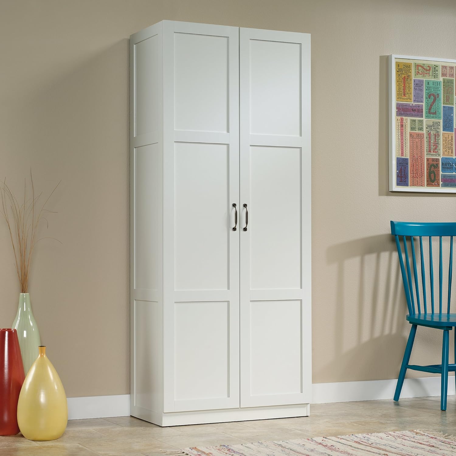 Freestanding Kitchen Pantry Cabinet with Adjustable Shelves, Modern White Cupboard Organizer
