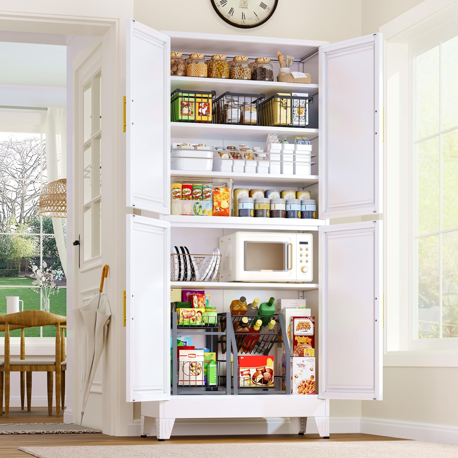 75.2" Tall White Pantry Cabinet – Metal Kitchen Storage with 2 Doors & 5 Adjustable Shelves for Living or Dining Room